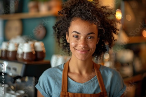 Smiling Barista Holding Coffee Cups in Charming CafÃ© Ambiance under Soft Light - Waist-Up Portrait