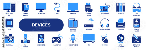 Set of vector solid icons related to technology, computer devices, electronic equipment. Symbols for website or app ui, logo design, illustration