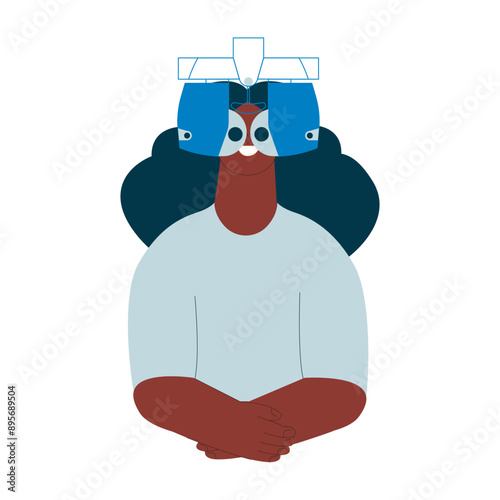 Optometry. Eye Test and Prescription Glasses. Female Perform Eye Test with Automated Digital Phoropter. Modern Flat Vector Illustration. 
