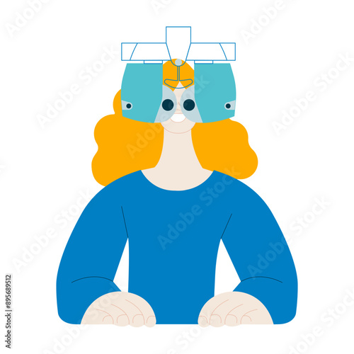 Optometry. Eye Test and Prescription Glasses. Female Perform Eye Test with Automated Digital Phoropter. Modern Flat Vector Illustration. 