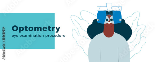 Optometry. Eye Test and Prescription Glasses. Female Perform Eye Test with Automated Digital Phoropter. Modern Flat Vector Illustration. Website Banner.