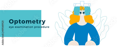 Optometry. Eye Test and Prescription Glasses. Female Perform Eye Test with Automated Digital Phoropter. Modern Flat Vector Illustration. Website Banner.