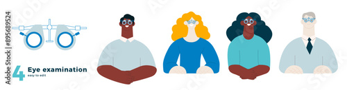 Eye examination collection. Optometry. Female and Male Patients Wear Adjustable Optical Trial Lens. Modern Flat Vector Illustration. Social Media Template.