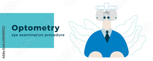 Optometry. Eye Test and Prescription Glasses. Male Perform Eye Test with Automated Digital Phoropter. Modern Flat Vector Illustration. Website Banner.