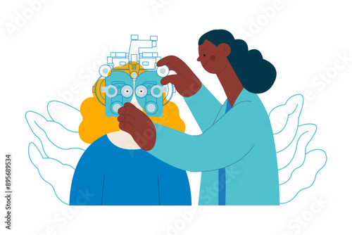 Optometry. Eye Test and Prescription Glasses. Medical Specialist and Patient Perform Eye Test with Manual Vision Tester on Abstract Background. Modern Flat Vector Illustration. Website Template.