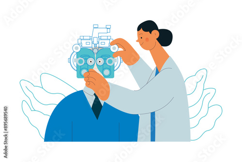 Optometry. Eye Test and Prescription Glasses. Medical Specialist and Patient Perform Eye Test with Manual Vision Tester on Abstract Background. Modern Flat Vector Illustration. Website Template.