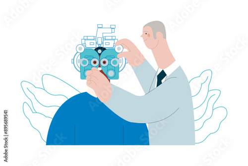 Optometry. Eye Test and Prescription Glasses. Medical Specialist and Patient Perform Eye Test with Manual Vision Tester on Abstract Background. Modern Flat Vector Illustration. Website Template.