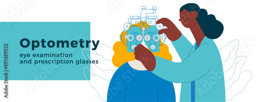 Optometry. Eye Test and Prescription Glasses. Medical Specialist and Patient Perform Eye Test with Manual Vision Tester on Abstract Background. Modern Flat Vector Illustration. Website Template.
