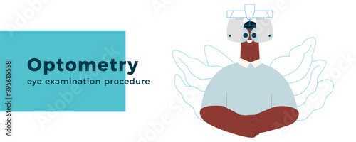 Optometry. Eye Test and Prescription Glasses. Male Perform Eye Test with Automated Digital Phoropter. Modern Flat Vector Illustration. Website Banner.