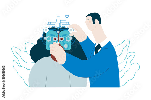Optometry. Eye Test and Prescription Glasses. Medical Specialist and Patient Perform Eye Test with Manual Vision Tester on Abstract Background. Modern Flat Vector Illustration. Website Banner.