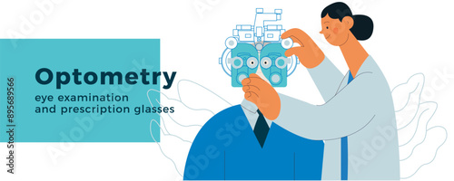 Optometry. Eye Test and Prescription Glasses. Medical Specialist and Patient Perform Eye Test with Manual Vision Tester on Abstract Background. Modern Flat Vector Illustration. Website Template.