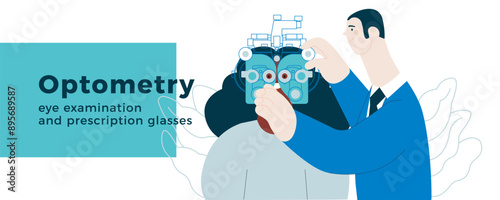 Optometry. Eye Test and Prescription Glasses. Medical Specialist and Patient Perform Eye Test with Manual Vision Tester on Abstract Background. Modern Flat Vector Illustration. Website Banner.