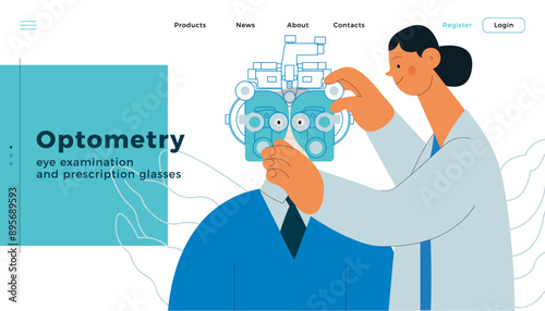Optometry. Eye Test and Prescription Glasses. Medical Specialist and Patient Perform Eye Test with Manual Vision Tester on Abstract Background. Modern Flat Vector Illustration. Website Template.
