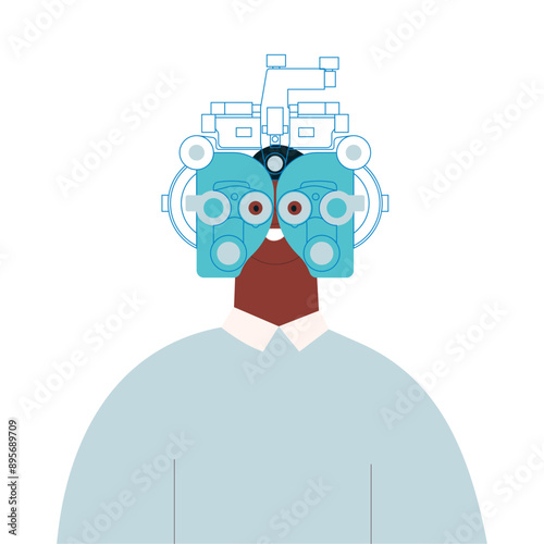 Optometry. Eye Test and Prescription Glasses. Male Perform Eye Test with Manual Vision Tester. Modern Flat Vector Illustration. 