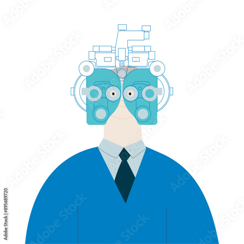 Optometry. Eye Test and Prescription Glasses. Male Perform Eye Test with Manual Vision Tester. Modern Flat Vector Illustration. 
