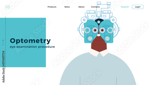 Optometry. Eye Test and Prescription Glasses. Male Perform Eye Test with Manual Vision Tester. Modern Flat Vector Illustration. Landing Page Design Template. Website Banner.