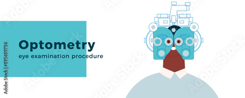 Optometry. Eye Test and Prescription Glasses. Male Perform Eye Test with Manual Vision Tester. Modern Flat Vector Illustration. Website Banner.