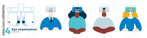 Eye examination collection. Optometry. Female and Male Perform Eye Test with Automated Digital Phoropter.  Modern Flat Vector Illustration. Social Media Template.