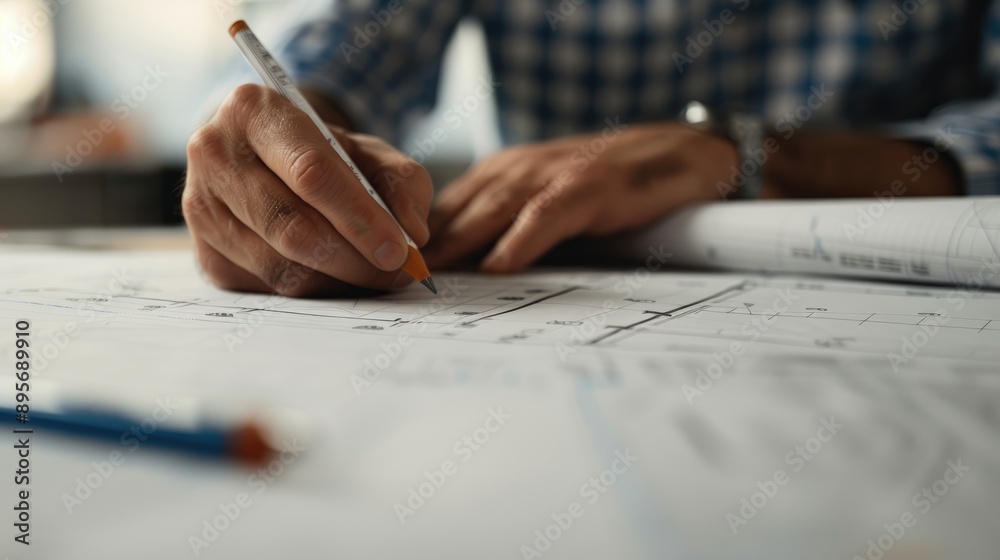 Close-up a hand of architect while drawing with a blueprint in office, symbolizing a leader's strategic vision and detailed planning. Close-up a hand of architect while drawing with a blueprint in office, symbolizing a leader's strategic vision and detailed planning.