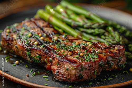 A mouth-watering image of a steak cooked to perfection topped with herbs, alongside neatly arranged asparagus on a dark plate, emphasizing gourmet culinary art. photo