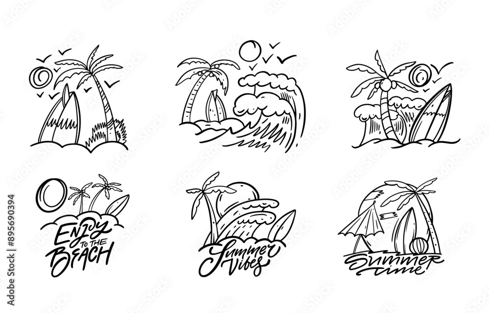 Hand drawn collection of beach and surfing icons for a creative and fun coastal design theme
