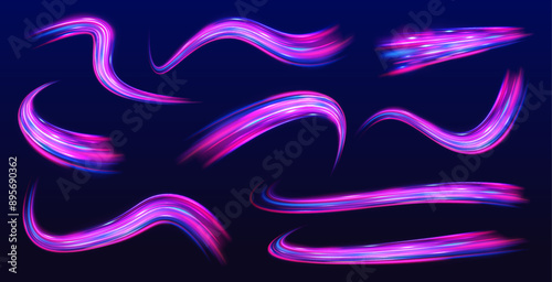 A large set of low-poly designs made of thin lines in the form of branches, spirals and arcs. Expressway, car headlight effect. Speed connection vector background.	