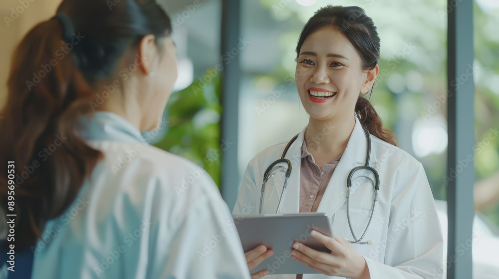 A cheerful Asian female doctor using a digital tablet to discuss medical screening results with a patient in a clinic. A cheerful Asian female doctor using a digital tablet to discuss medical screening results with a patient in a clinic.