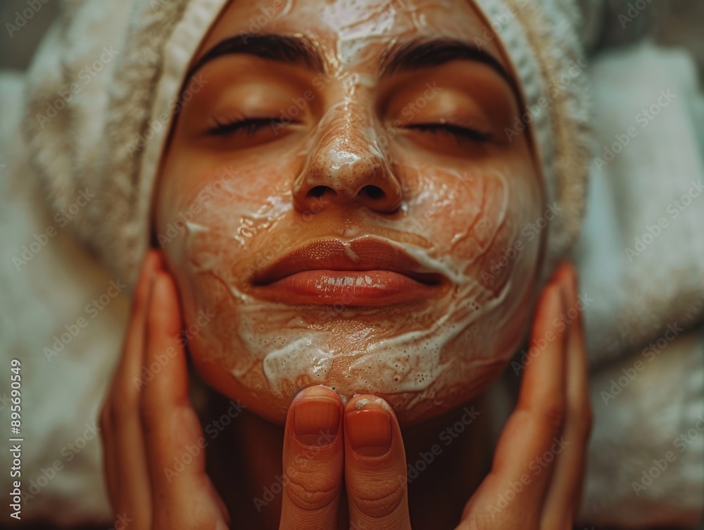 Fototapeta premium Serene Spa Experience: Gentle Facial Massage for Relaxation and Skin Rejuvenation | Sony A7 IV Elite Lens Shot