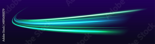 Neon green swirls abstract speed line. Light and stripes moving fast over dark background. Concept of leading in business, Hi tech products, warp speed wormhole science vector design.