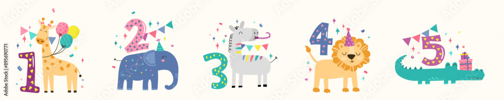 Birthday Anniversary Numbers with Cute Safari Animals, hand drawn illustrations Birthday Anniversary Numbers with Cute Safari Animals, hand drawn illustrations