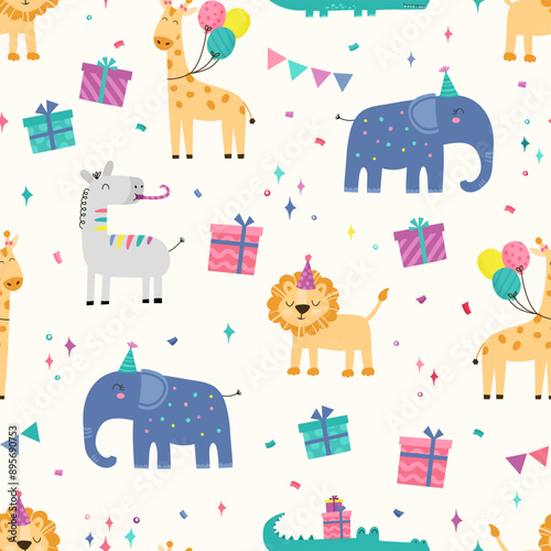 Cute hand drawn safari animals seamless pattern, birthday background, great for wrapping, surfaces, backgrounds, wallpapers - vector design