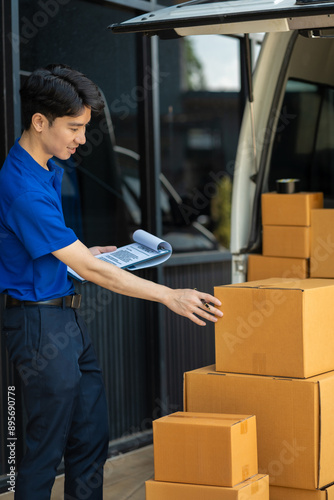 Asian delivery man work in truck for checking the product in the truck, concept ecommerce.