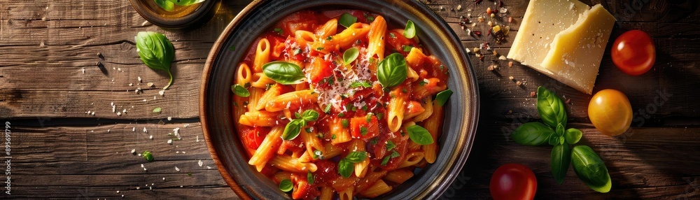 Delicious penne pasta in tomato sauce topped with fresh basil and parmesan cheese on rustic wooden table. Delicious penne pasta in tomato sauce topped with fresh basil and parmesan cheese on rustic wooden table.