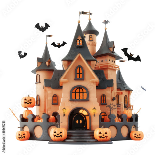 3D castle in cute Halloween style isolated on white background.