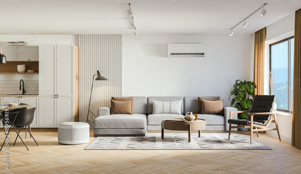 Fototapeta premium Studio room interior with lounge zone and cooking area furnished with sofa and dining table. Modern design solution, 3d rendering