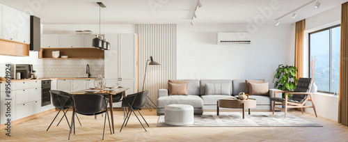 Cuadro en lienzo Studio room interior with lounge zone and cooking area furnished with sofa and dining table