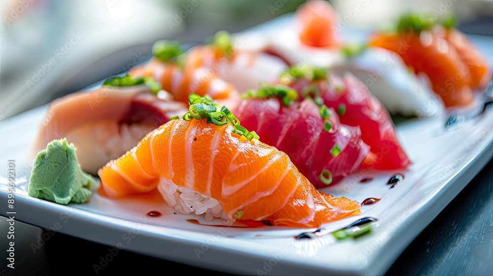 Close-up of assorted sushi pieces with fresh fish and rice, garnished with green onions and wasabi, served on a white plate. Close-up of assorted sushi pieces with fresh fish and rice, garnished with green onions and wasabi, served on a white plate.