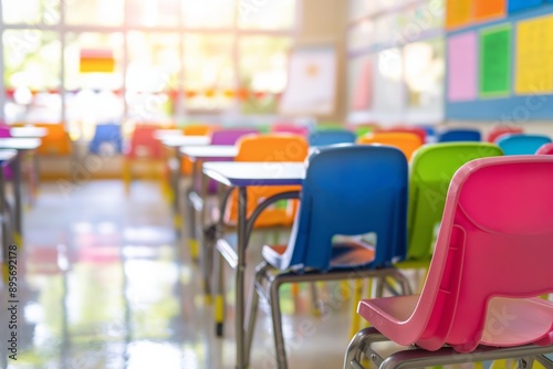 A classroom with many colorful chairs and desks. The chairs are arranged in rows and the desks are in front of them. The room is bright and cheerful. The chairs are all different colors