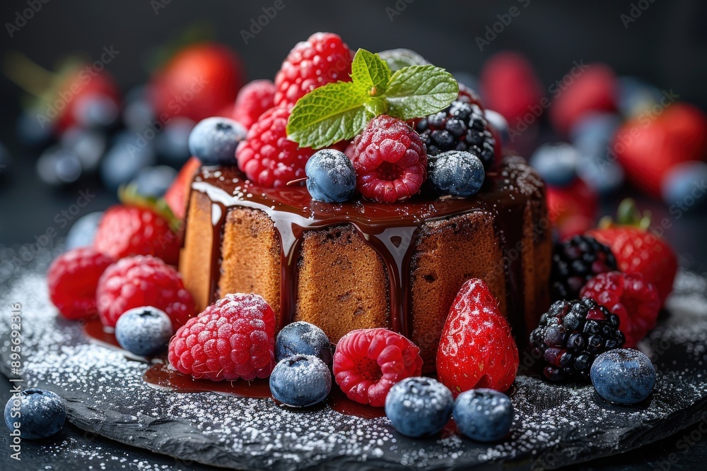 A decadent small chocolate cake adorned with flowing chocolate drizzle and topped with fresh raspberries, blueberries, blackberries, and a sprig of mint. Berries scattered around. A decadent small chocolate cake adorned with flowing chocolate drizzle and topped with fresh raspberries, blueberries, blackberries, and a sprig of mint. Berries scattered around.