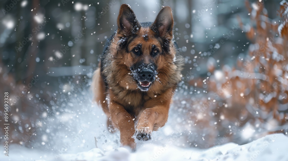 German Shepherd running through a snowy forest with snowflakes falling. The dog appears energetic and playful in the winter scene. German Shepherd running through a snowy forest with snowflakes falling. The dog appears energetic and playful in the winter scene.