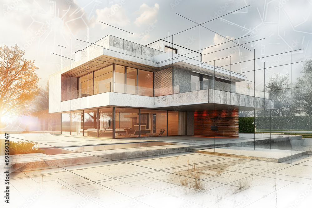 Architectural project of a modern house with large windows, being designed and planned with sketches and lines overlapped Architectural project of a modern house with large windows, being designed and planned with sketches and lines overlapped