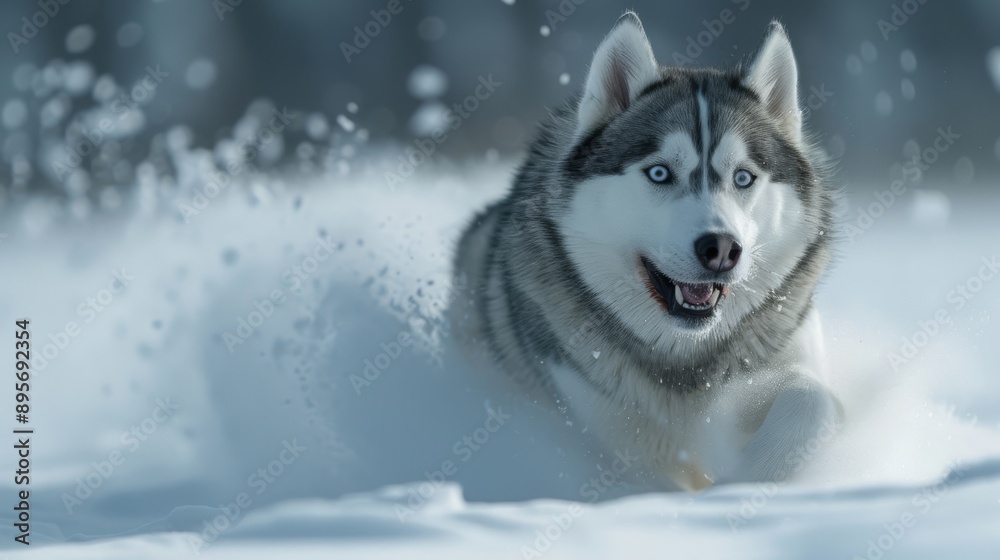Naklejka premium Energetic husky dog running through snowy landscape, showcasing its playful and adventurous spirit in a winter wonderland.