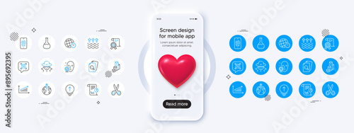 Phone mockup with 3d heart icon. Pandemic vaccine, Time zone and 3d chart line icons. Pack of Qr code, Chemistry lab, Inspect icon. Fingerprint, Chart, Swipe up pictogram. Vector