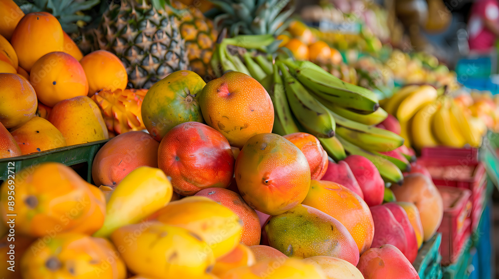Tropical Fruit Market: A vibrant market stall filled with an assortment of tropical fruits, such as mangoes, pineapples, and bananas, arranged in colorful displays. The image should capture the abunda Tropical Fruit Market: A vibrant market stall filled with an assortment of tropical fruits, such as mangoes, pineapples, and bananas, arranged in colorful displays. The image should capture the abunda