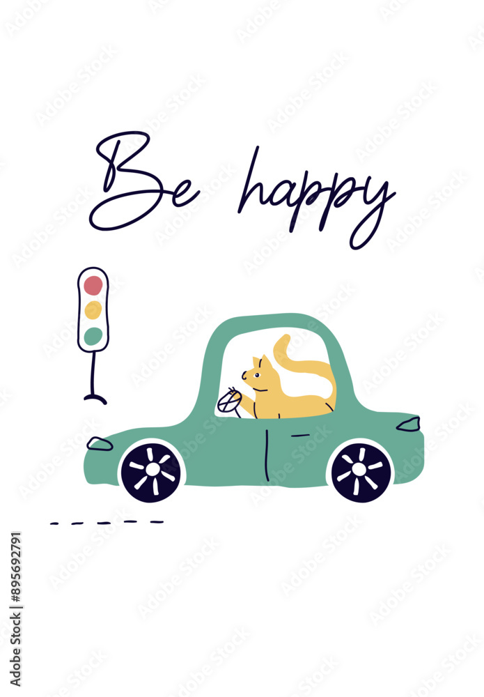 Fototapeta premium a trendy, fashionable drawing from a car. background for children. A template with drawings of toy car, road sign. Cute animal (cat). for print, paper, for children. art vector illustration.
