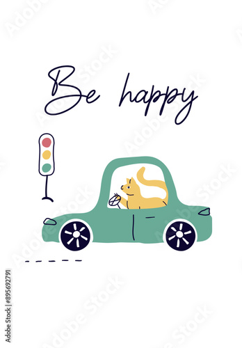 a trendy, fashionable drawing from a car. background for children. A template with drawings of toy car, road sign. Cute animal (cat). for print, paper, for children. art vector illustration. photo