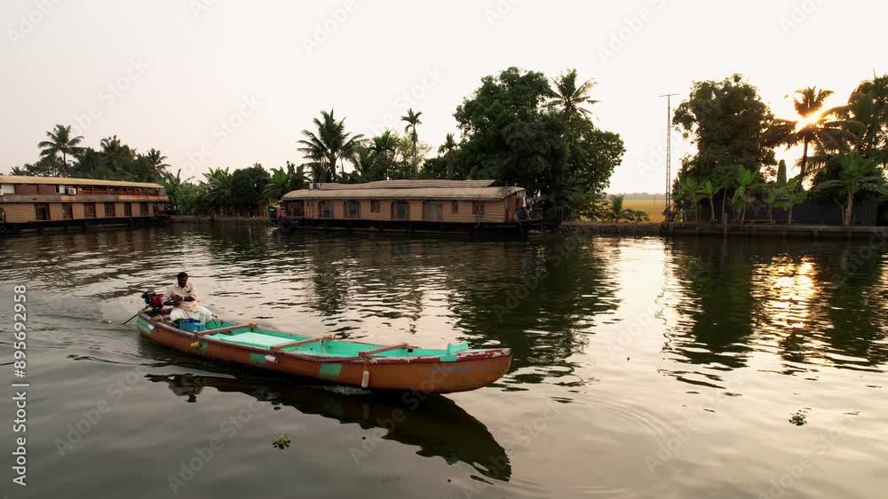 Wooden Boat Sailing Of Kerala Backwaters Surrounded By Palm Trees. Travel along the canals of Kerala, Vacation Concept Wooden Boat Sailing Of Kerala Backwaters Surrounded By Palm Trees. Travel along the canals of Kerala, Vacation Concept