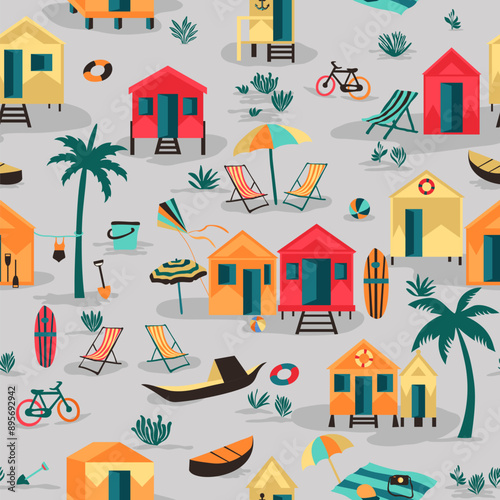 Surfboards color beach houses tropical plants boats chairs and tree geometry illustration Seamless pattern on a dark gray background from the surfing collection