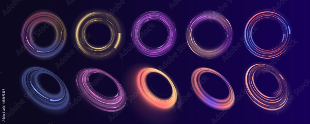 Vector swirl trail effect. Neon ellipse in the form of speed. Glowing spiral. Abstract vector fire circles, sparkling swirls and energy light spiral frames. Vector swirl trail effect. Neon ellipse in the form of speed. Glowing spiral. Abstract vector fire circles, sparkling swirls and energy light spiral frames.