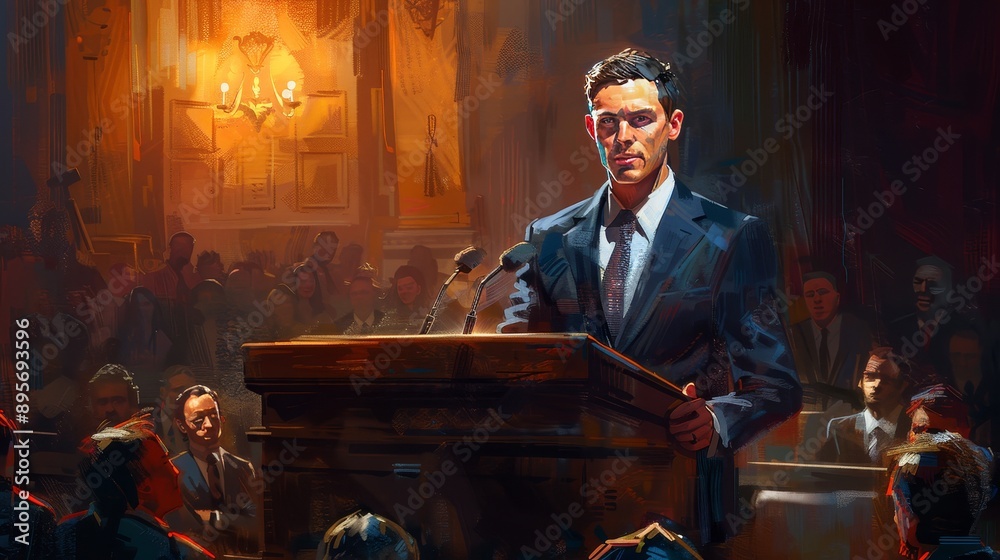 Speaker Delivering a Passionate Speech in a Grand Venue. Speaker Delivering a Passionate Speech in a Grand Venue.